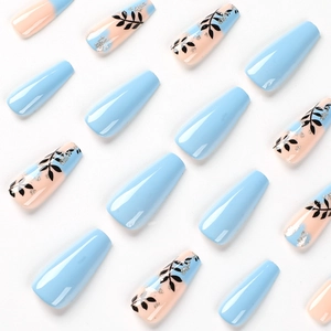 Long coffin press-on nails with blue matte finish and gold leaf branch art design
