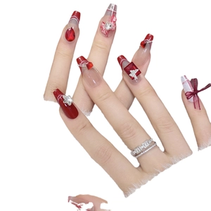 French long coffin press-on nails with red bows and glittering silver star sequins