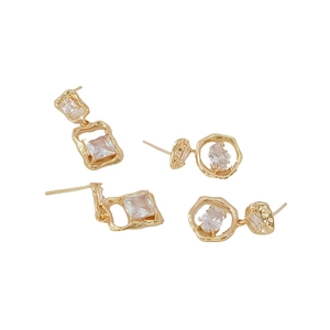 14K gold plated geometric stud earrings with cubic zirconia and S925 silver needles
