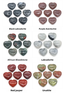 Polished 20mm heart-shaped natural stones in six varieties including jasper and labradorite
