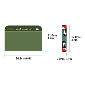 Green cat magnetic bookmark dimensions showing folded and unfolded sizes on white background