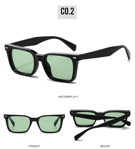 Detailed views of square sunglasses in black frame with green lenses from 3 distinct angles