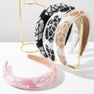 Serre-Tête Floral Fait Main en Perles de Rocaille pour Femmes Large Bord Rembourré Éponge Épaisse Accessoire Cheveux