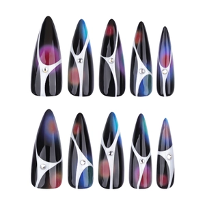 Dark Y2K stiletto press-on nails with nebula smudge and silver abstract stripes