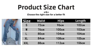 Size chart for high waist ripped jeans showing measurements for S to XXL in centimeters