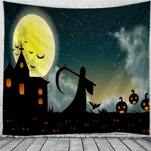 Halloween wandkleed met volle maan, kasteel en pompoenen voor wanddecoratie