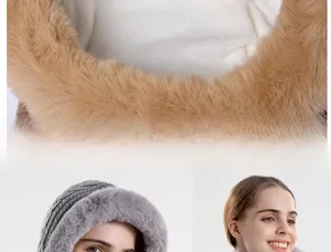 Detail of warm grey winter knit hat with thick fleece lining and faux fur trim