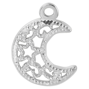 Detailed view of silver crescent moon pendant with star and cloud cutouts on white background