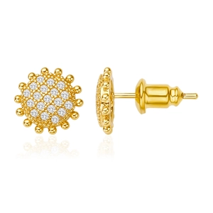 Golden sunflower stud earrings with clear zircon stones on a clean white background