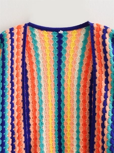 Close-up of vertical wavy crochet knit patterns and ribbed royal blue edging details