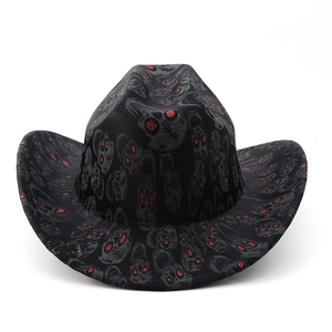 Black cowboy hat with grey skull patterns and sparkling red sequin eyes for Halloween