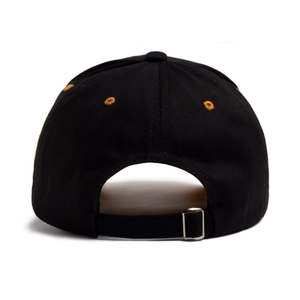 Adjustable black cotton baseball cap with silver metal buckle and yellow embroidery