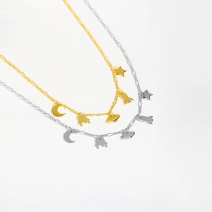 S925 sterling silver space theme necklace with moon star and rocket charms in gold and silver