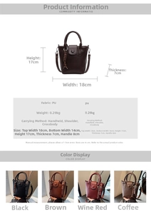 Detailed size chart of small PU leather bucket bag with dimensions and multi-color options