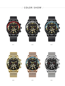 Multiple styles of Geneva men's watches with metal mesh bands in various color options