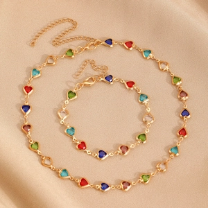 Heart Shaped Jewelry Necklace Bracelet Earrings Ring Bracelet Colorful Rhinestone Bohemian Alloy Jewelry For Women