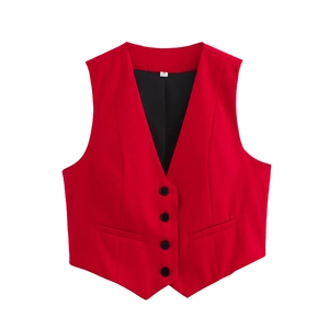 Detailed macro view of the professional red business vest with four black buttons and labels
