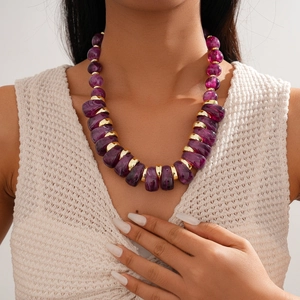 Chunky Acrylic Beaded Necklace Vintage Marble Texture Statement Jewelry For Women Adjustable Ethnic Style Alloy Spacer