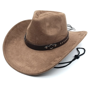 Classic dark brown suede western cowboy hat with studded leather band and wind string