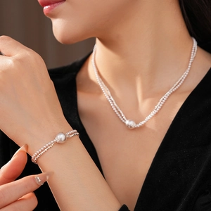 Detailed view of silver double-layered pearl necklace and bracelet set on a model