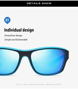 Detail view of polarized sports sunglasses with blue mirrored lenses and a black blue frame