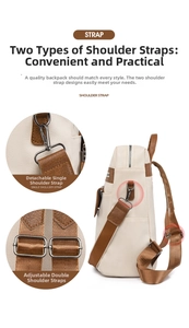 Detail of vintage PU leather backpack featuring detachable shoulder strap and metal buckles