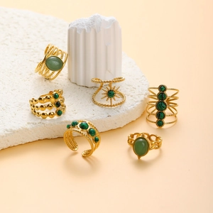 Vintage 18k gold plated stainless steel rings set with natural green malachite stones