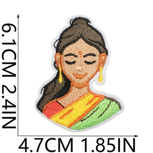 Detailed embroidery patch showing an Indian woman with specific size dimensions