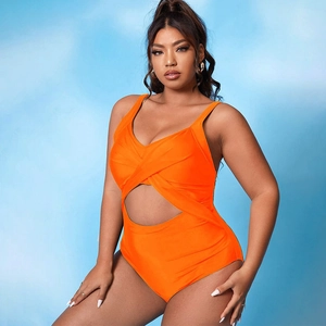 Bright orange one-piece swimsuit with V-neckline and waist cutout for women