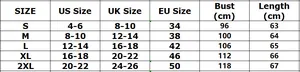 Detailed size chart for women's V-neck blouse showing US, UK, EU sizes and measurements