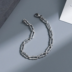 Minimalist silver stainless steel punk chain bracelet with rectangular links and beads