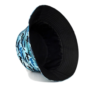 Stylish light blue bucket hat with shark patterns and black lining for sun protection