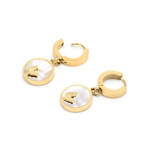 Gold titanium earrings with white shell inlay and frosted butterfly charms