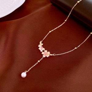 Sakura Flower Pendant Necklace For Women Gold Plated Copper Enamel Pink Blossom And Imitation Artificial Pearl Clavicle Chain
