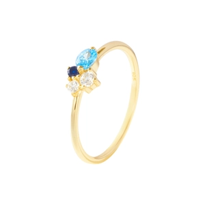 Elegant 925 sterling silver gold ring with blue and white zircon gemstones in a 45-degree view