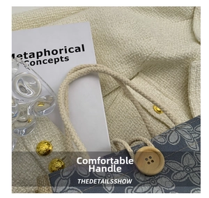 Close-up of floral fabric bag with woven rope handle and wooden button detail