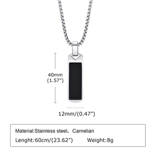 Detailed size specifications for men's silver stainless steel black onyx bar pendant