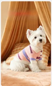 Detail of warm striped faux mink velvet dog sweater with pink and purple knit texture