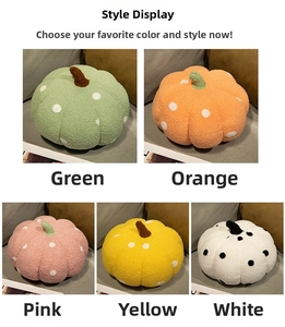 Detailed grid showing polka dot pumpkin pillows in green, orange, pink, yellow and white