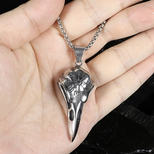 Viking raven skull pendant necklace in stainless steel with Vegvisir rune engraving