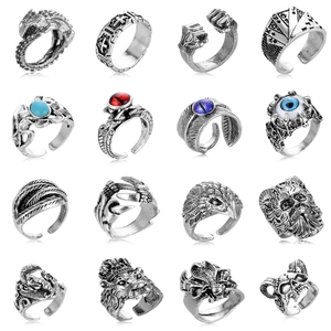 Men's Vintage Punk Gothic Alloy Rings Adjustable Open Band Retro Silver Color Hip Hop Jewelry