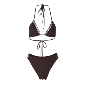 Detail view of dark brown bikini top and bottom featuring white shell button decorations