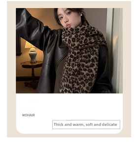 Close-up of leopard print mohair scarf texture with thick and warm fuzzy material