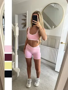 Brassière De Sport Et Short De Yoga Pour Femmes Entraînement Gym Taille En V Contrastée Polyester Élasthanne Y2K
