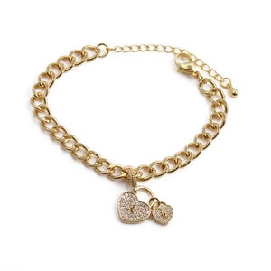 Elegant gold-plated chain bracelet with zircon heart pendants and adjustable clasp