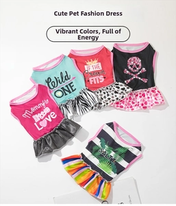 Collection of summer pet dresses featuring ruffle skirts and diverse colorful patterns