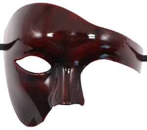 Macro detail of deep red phantom mask featuring a glossy wood grain texture and vintage finish