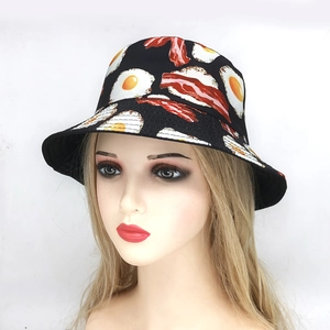 Unisex black bucket hat with funny fried egg and bacon print for outdoor travel wear