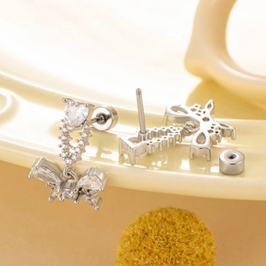 Silver heart and butterfly zircon earrings made of stainless steel for a chic girl style