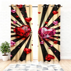 Detail of red and pink heart patterns on high-quality blackout curtains with metal rings